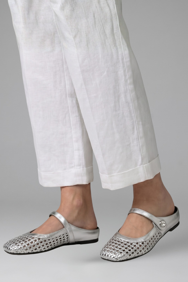 Women's Mary Jane Mules Slip on Flat Shoes with Woven Upper and Rhinestone Button - Image 8