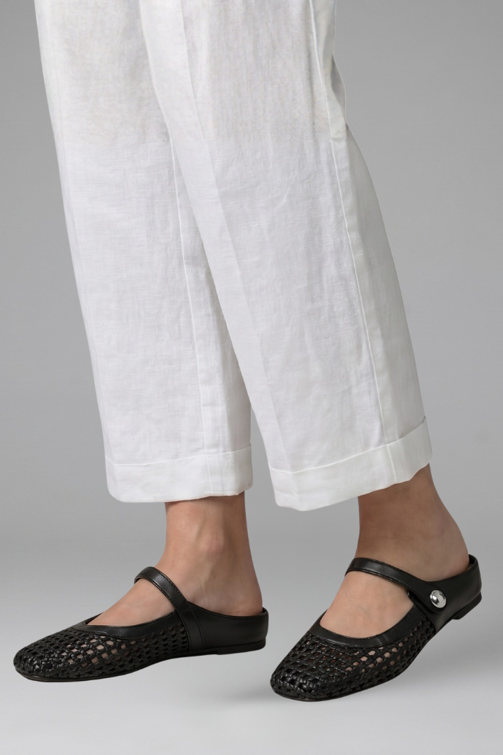 Women's Mary Jane Mules Slip on Flat Shoes with Woven Upper and Rhinestone Button - Image 9