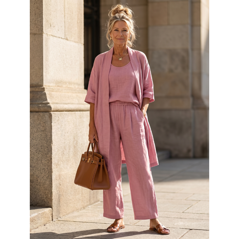 Women's Matching Linen Set with Longline Cardigan and Wide-Leg Trousers - Image 1