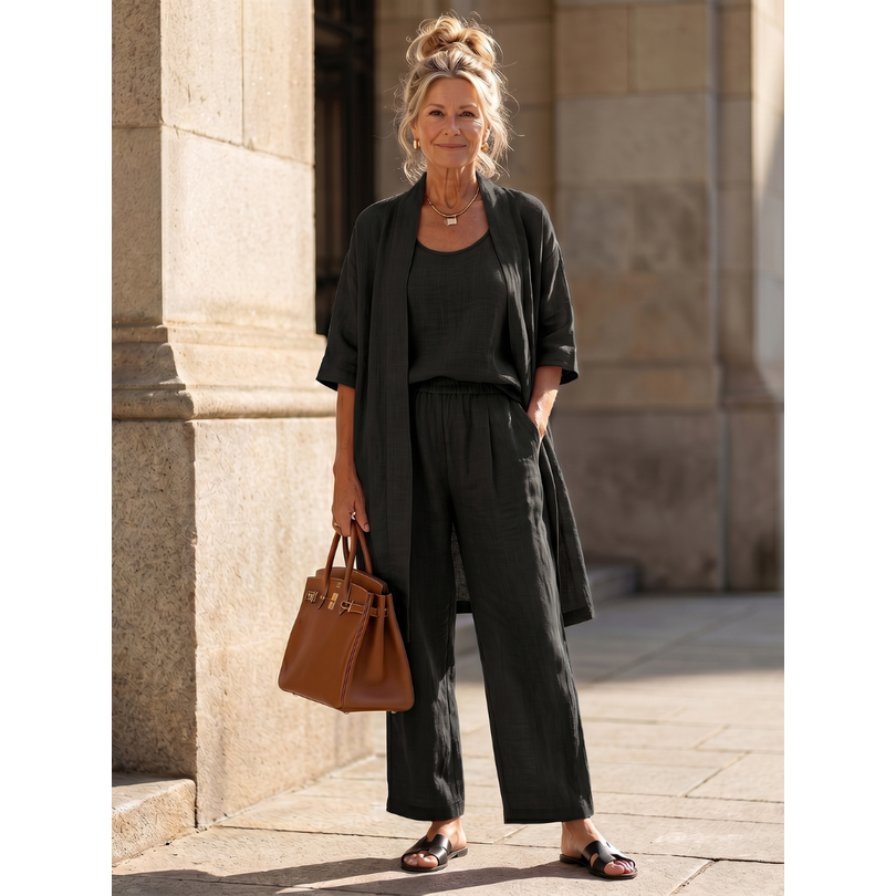 Women's Matching Linen Set with Longline Cardigan and Wide-Leg Trousers - Image 10