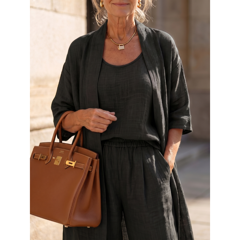Women's Matching Linen Set with Longline Cardigan and Wide-Leg Trousers - Image 11