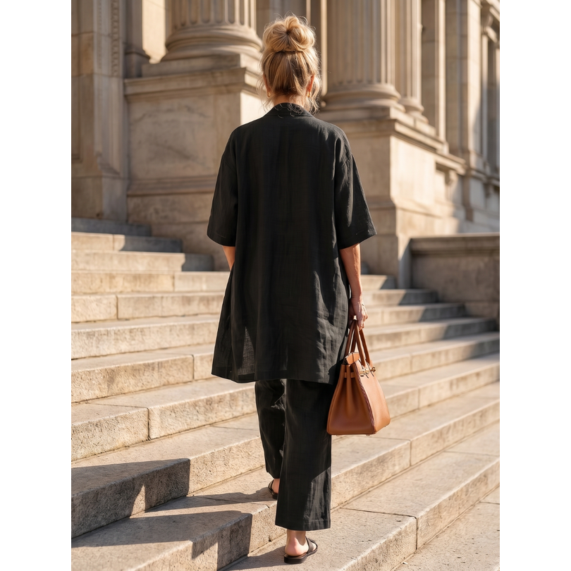 Women's Matching Linen Set with Longline Cardigan and Wide-Leg Trousers - Image 12