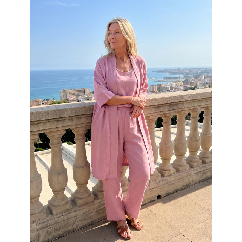 Women's Matching Linen Set with Longline Cardigan and Wide-Leg Trousers - Image 13