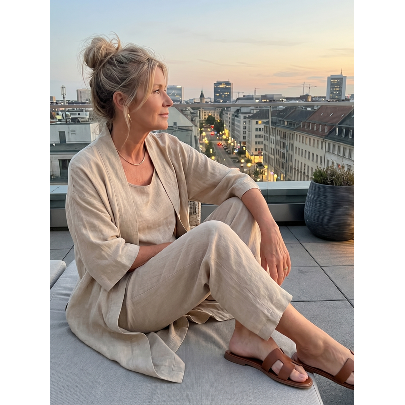 Women's Matching Linen Set with Longline Cardigan and Wide-Leg Trousers - Image 14