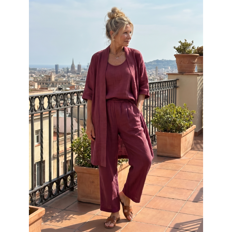 Women's Matching Linen Set with Longline Cardigan and Wide-Leg Trousers - Image 15