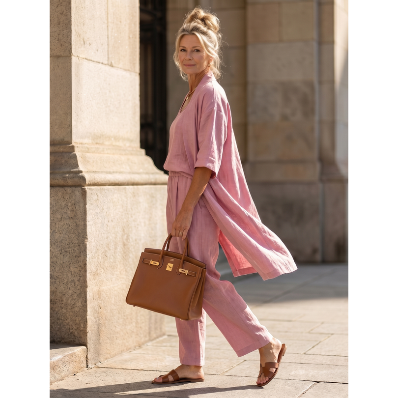 Women's Matching Linen Set with Longline Cardigan and Wide-Leg Trousers - Image 2