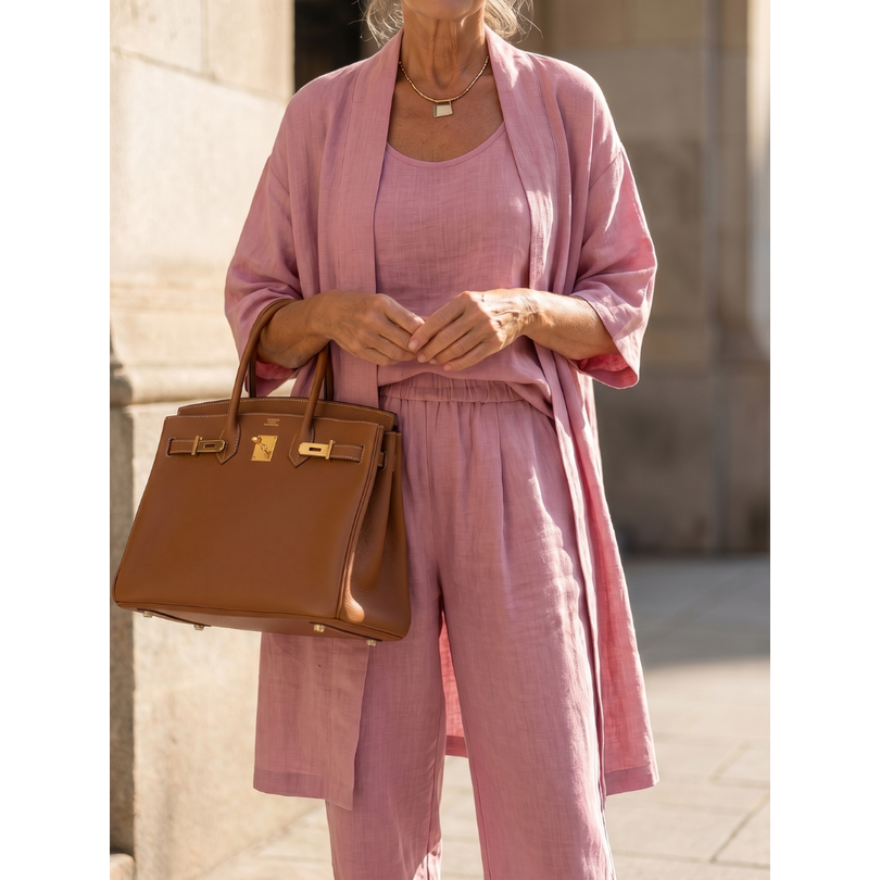 Women's Matching Linen Set with Longline Cardigan and Wide-Leg Trousers - Image 3