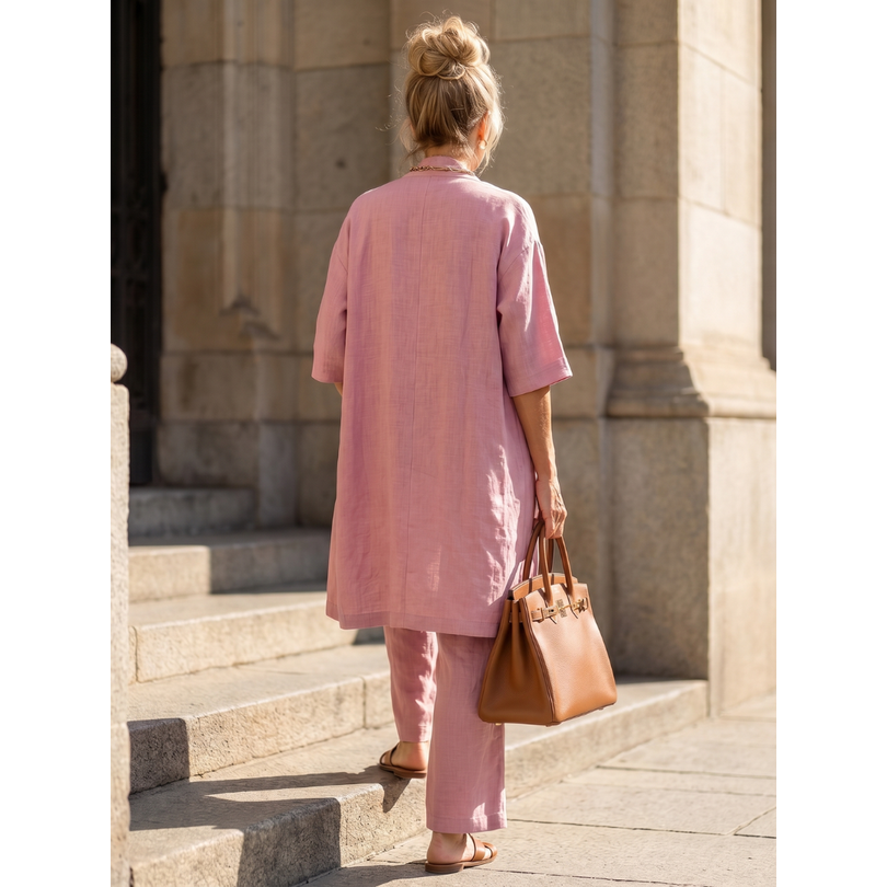 Women's Matching Linen Set with Longline Cardigan and Wide-Leg Trousers - Image 4