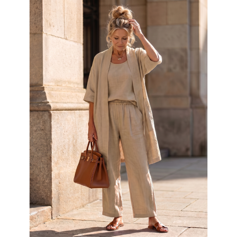 Women's Matching Linen Set with Longline Cardigan and Wide-Leg Trousers - Image 5