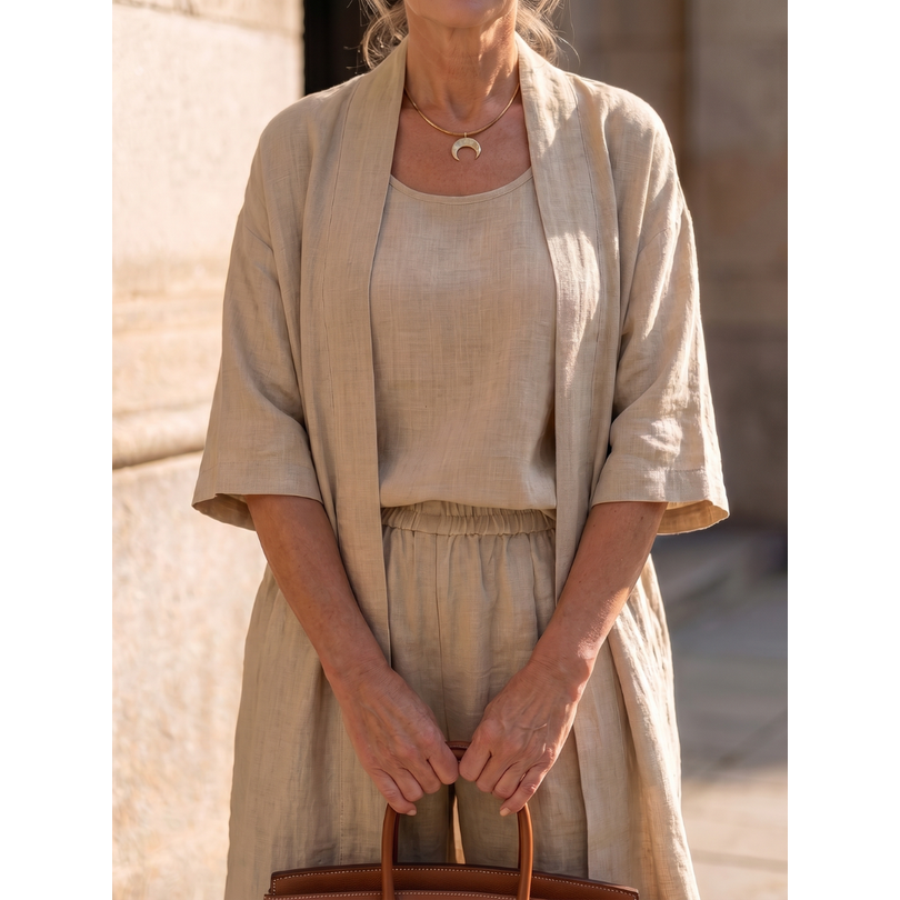 Women's Matching Linen Set with Longline Cardigan and Wide-Leg Trousers - Image 6