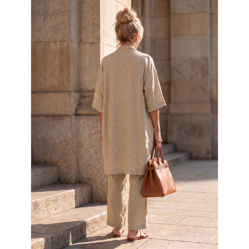 Women's Matching Linen Set with Longline Cardigan and Wide-Leg Trousers - Image 7