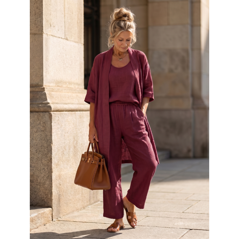 Women's Matching Linen Set with Longline Cardigan and Wide-Leg Trousers - Image 8