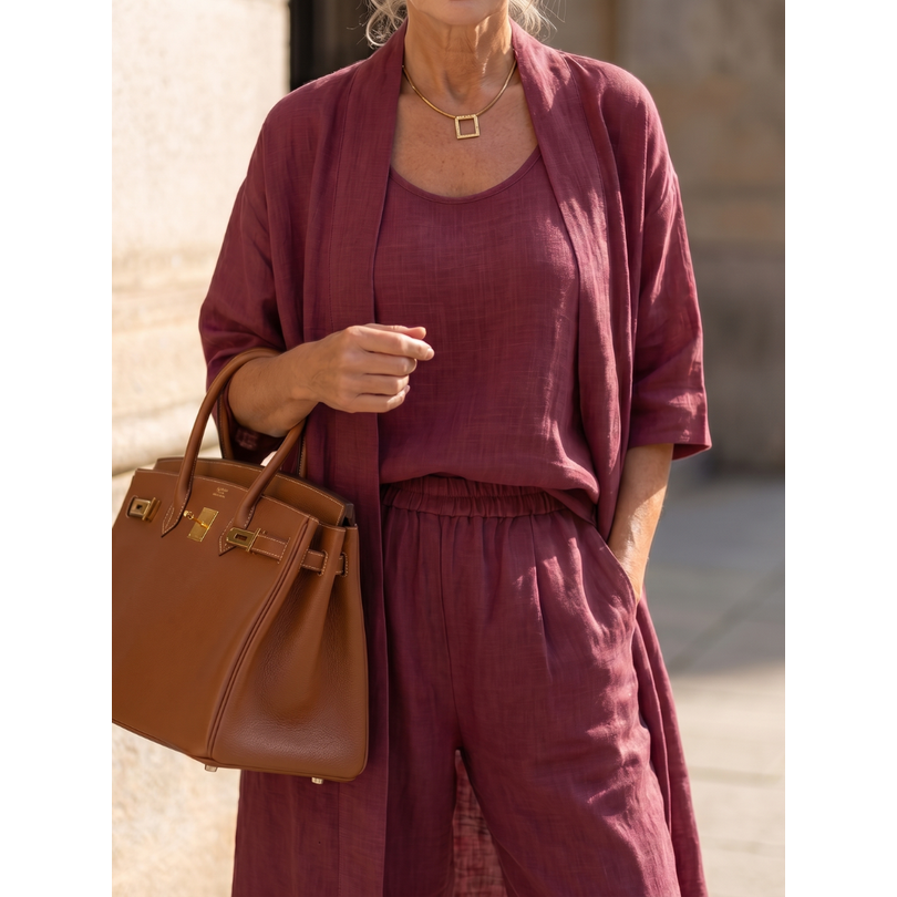 Women's Matching Linen Set with Longline Cardigan and Wide-Leg Trousers - Image 9