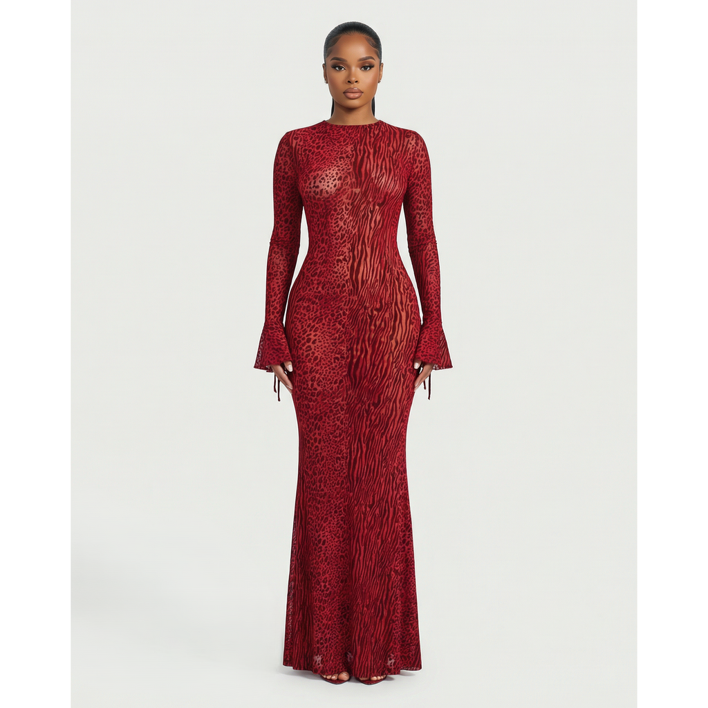 Women's Mesh Long Sleeve Maxi Dress with Open Back and Animal Print for Wedding Guest - Image 1