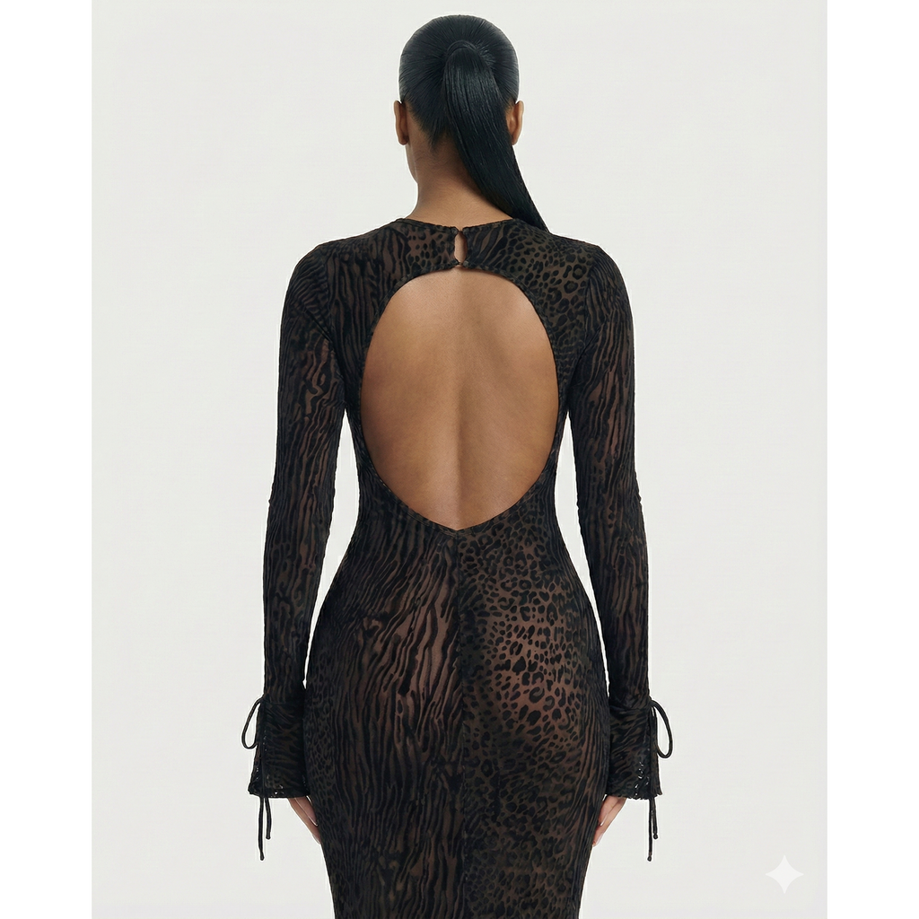 Women's Mesh Long Sleeve Maxi Dress with Open Back and Animal Print for Wedding Guest - Image 10
