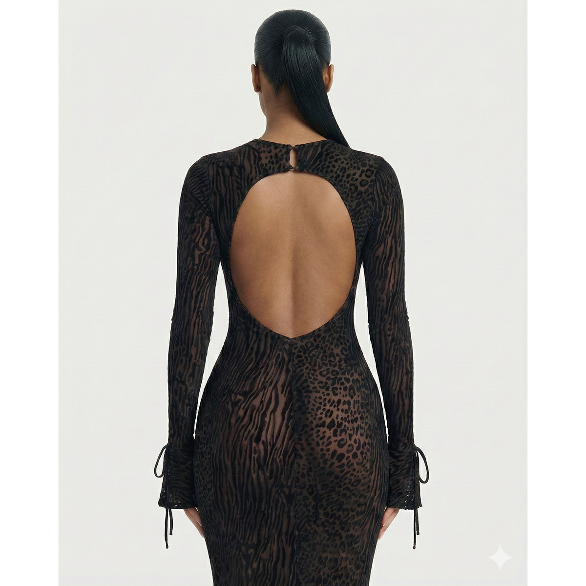 Women's Mesh Long Sleeve Maxi Dress with Open Back and Animal Print for Wedding Guest - Image 10