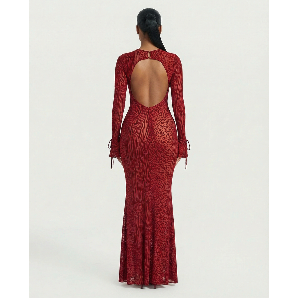 Women's Mesh Long Sleeve Maxi Dress with Open Back and Animal Print for Wedding Guest - Image 2