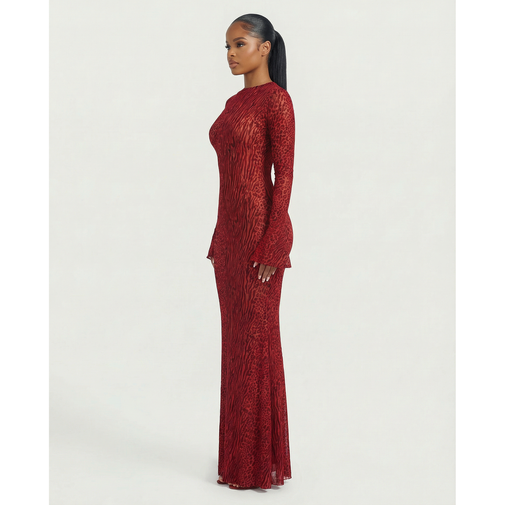 Women's Mesh Long Sleeve Maxi Dress with Open Back and Animal Print for Wedding Guest - Image 3