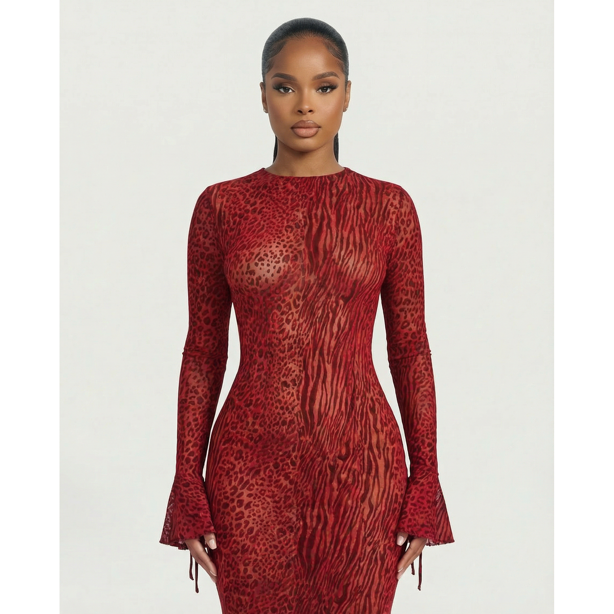 Women's Mesh Long Sleeve Maxi Dress with Open Back and Animal Print for Wedding Guest - Image 4