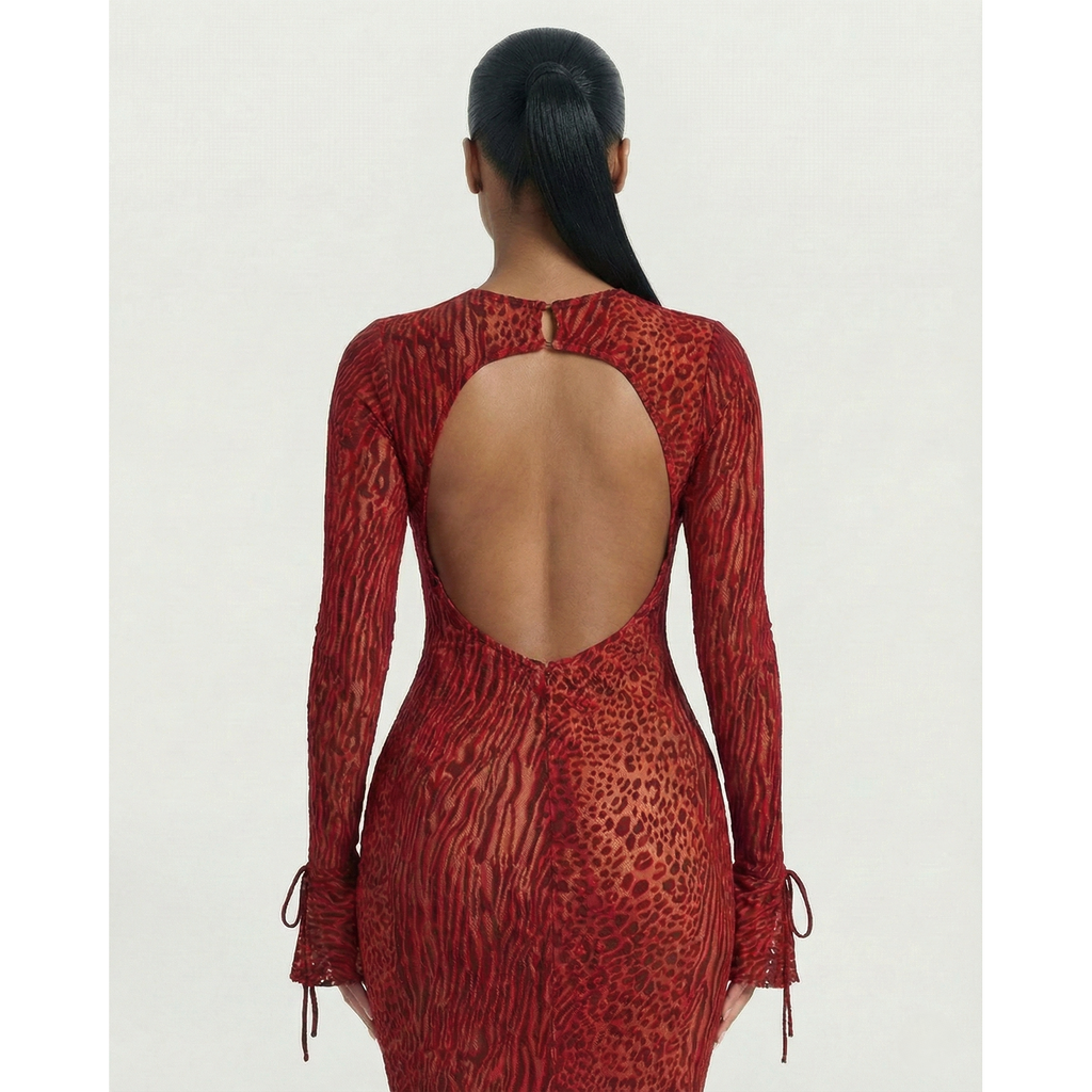 Women's Mesh Long Sleeve Maxi Dress with Open Back and Animal Print for Wedding Guest - Image 5