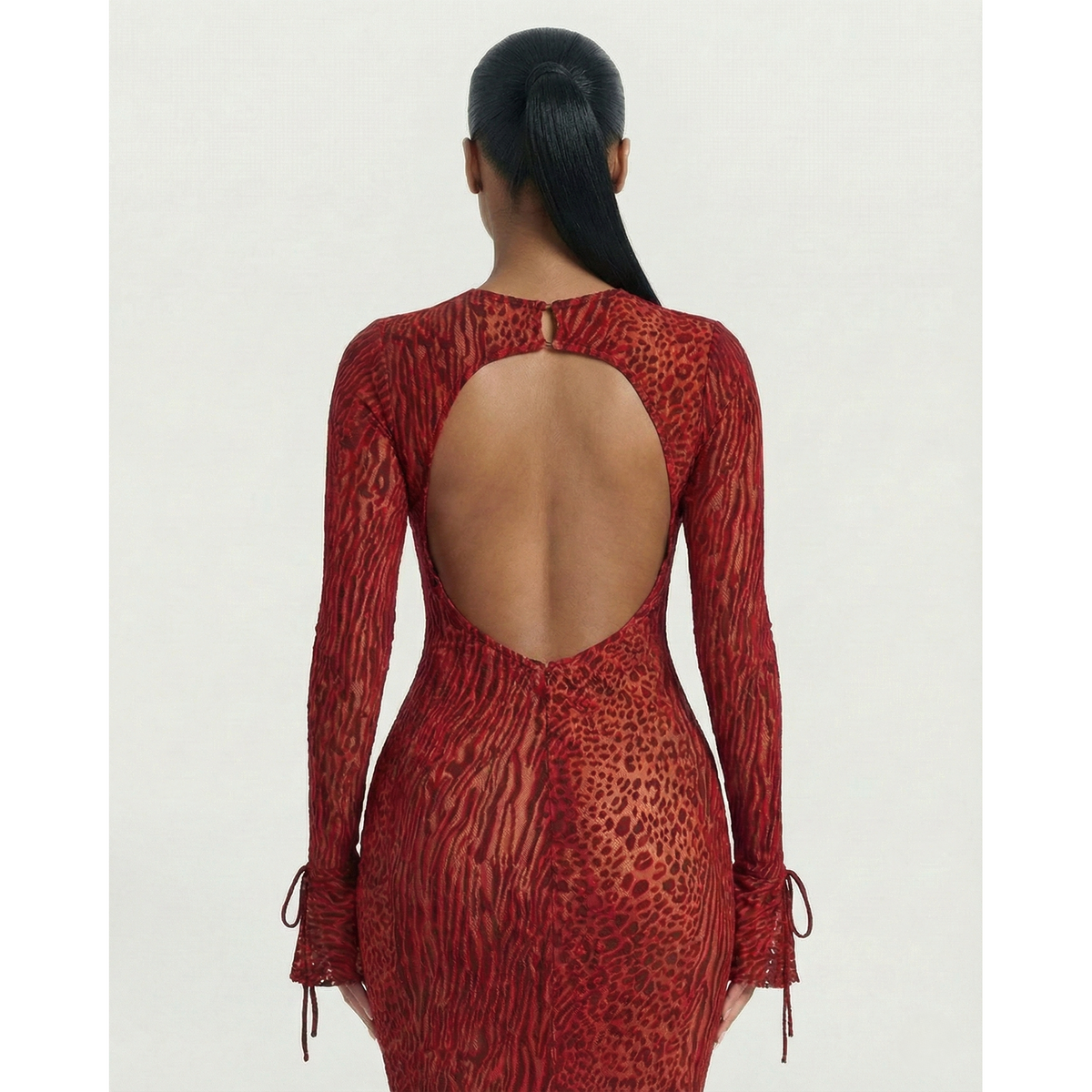 Women's Mesh Long Sleeve Maxi Dress with Open Back and Animal Print for Wedding Guest - Image 5