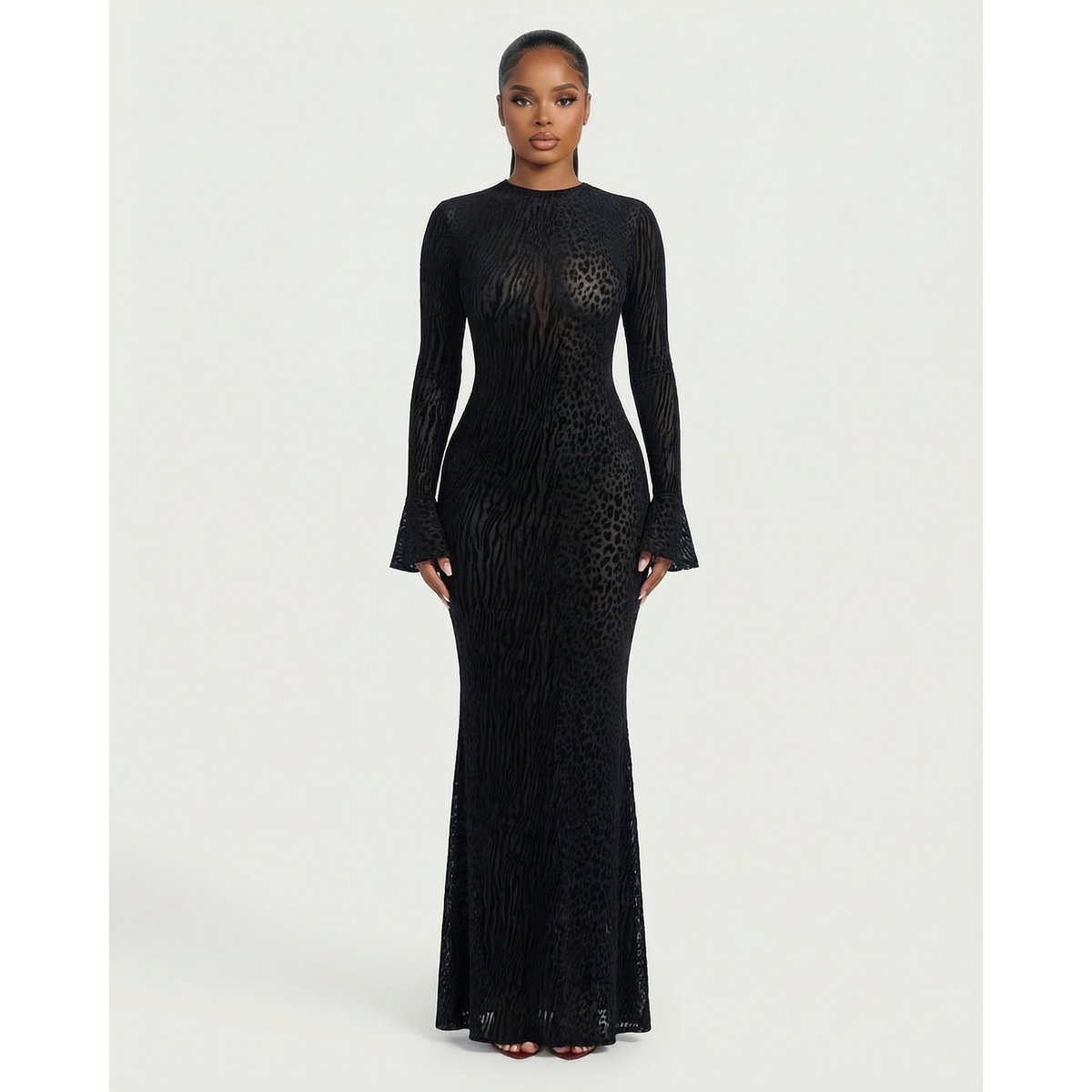 Women's Mesh Long Sleeve Maxi Dress with Open Back and Animal Print for Wedding Guest - Image 6