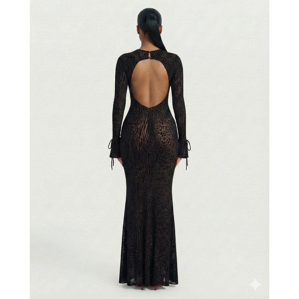 Women's Mesh Long Sleeve Maxi Dress with Open Back and Animal Print for Wedding Guest - Image 7
