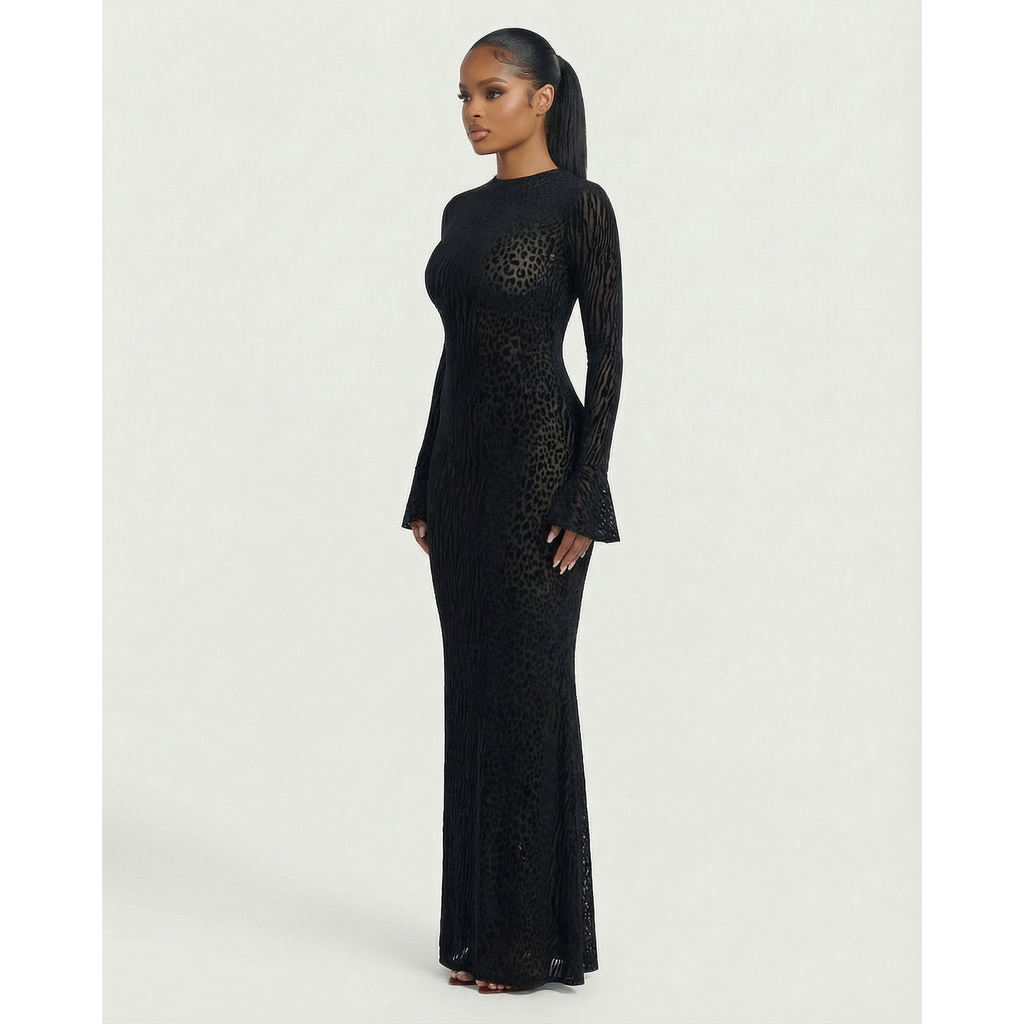 Women's Mesh Long Sleeve Maxi Dress with Open Back and Animal Print for Wedding Guest - Image 8