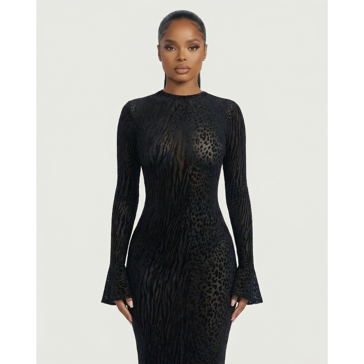 Women's Mesh Long Sleeve Maxi Dress with Open Back and Animal Print for Wedding Guest - Image 9
