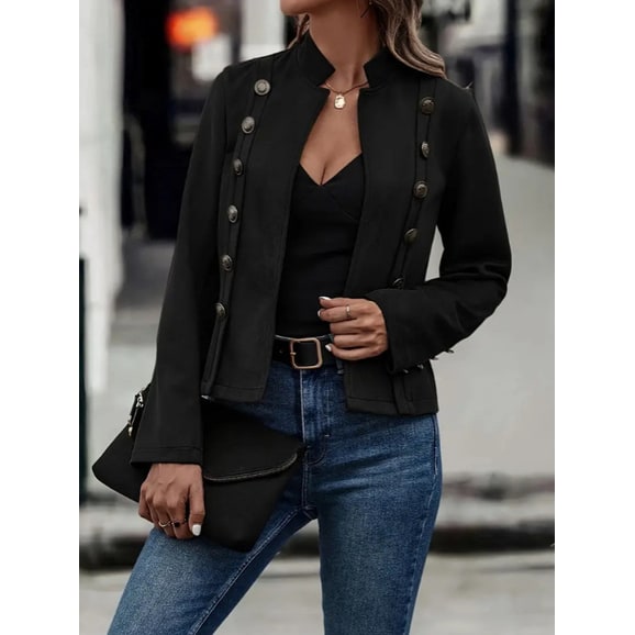 Women's Military Suede Jacket Cropped Double Breasted with Stand Collar - Image 5