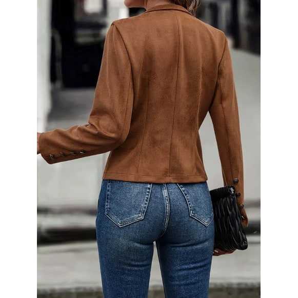 Women's Military Suede Jacket Cropped Double Breasted with Stand Collar - Image 7
