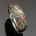 Women's Mixed Metal Band Ring Dragonfly Flower Vintage Silver Relief - Image 1