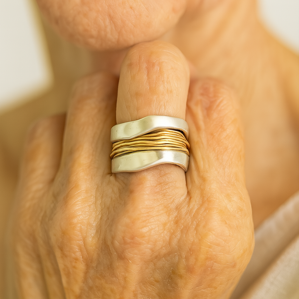 Women's Mixed Metal Band Ring Two-Tone Wire Wrapped Textured - Image 2
