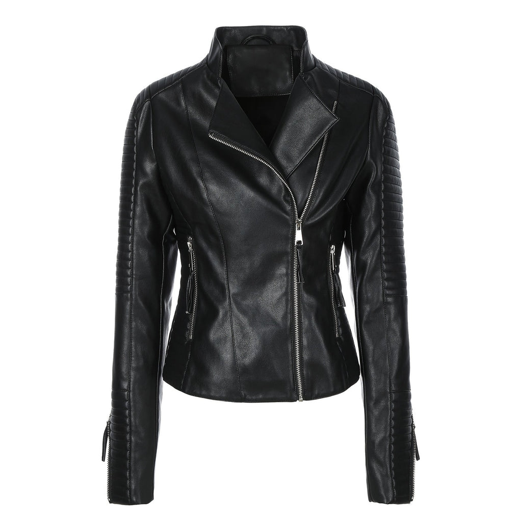 Women's Moto Biker Jacket Faux Leather with Quilted Shoulders and Asymmetrical Zip - Image 2