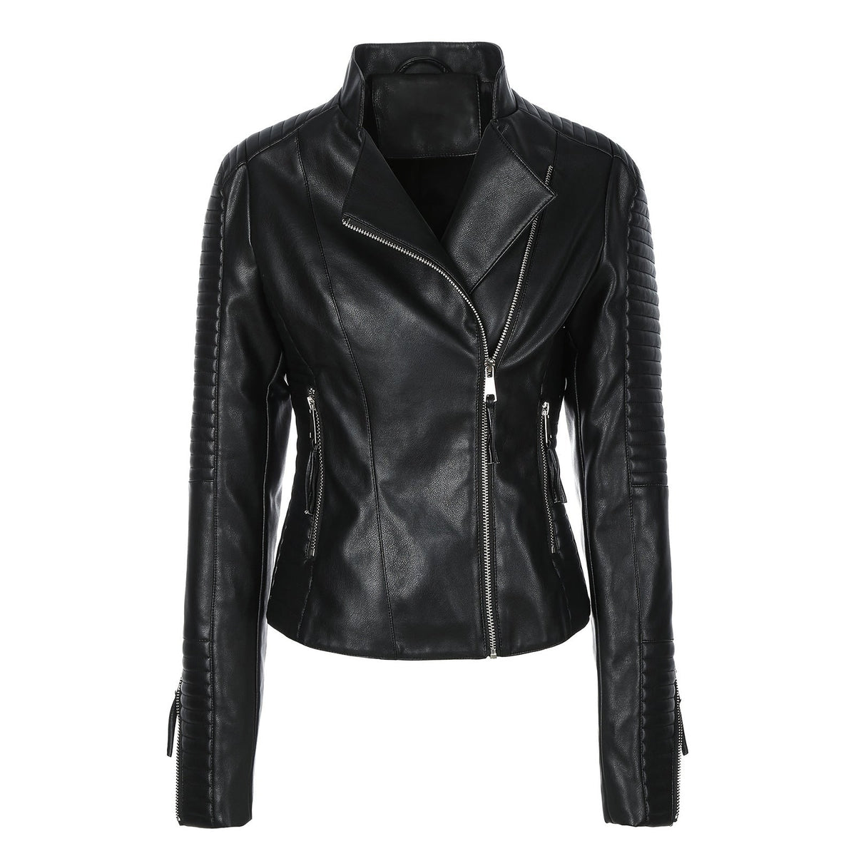 Women's Moto Biker Jacket Faux Leather with Quilted Shoulders and Asymmetrical Zip - Image 2