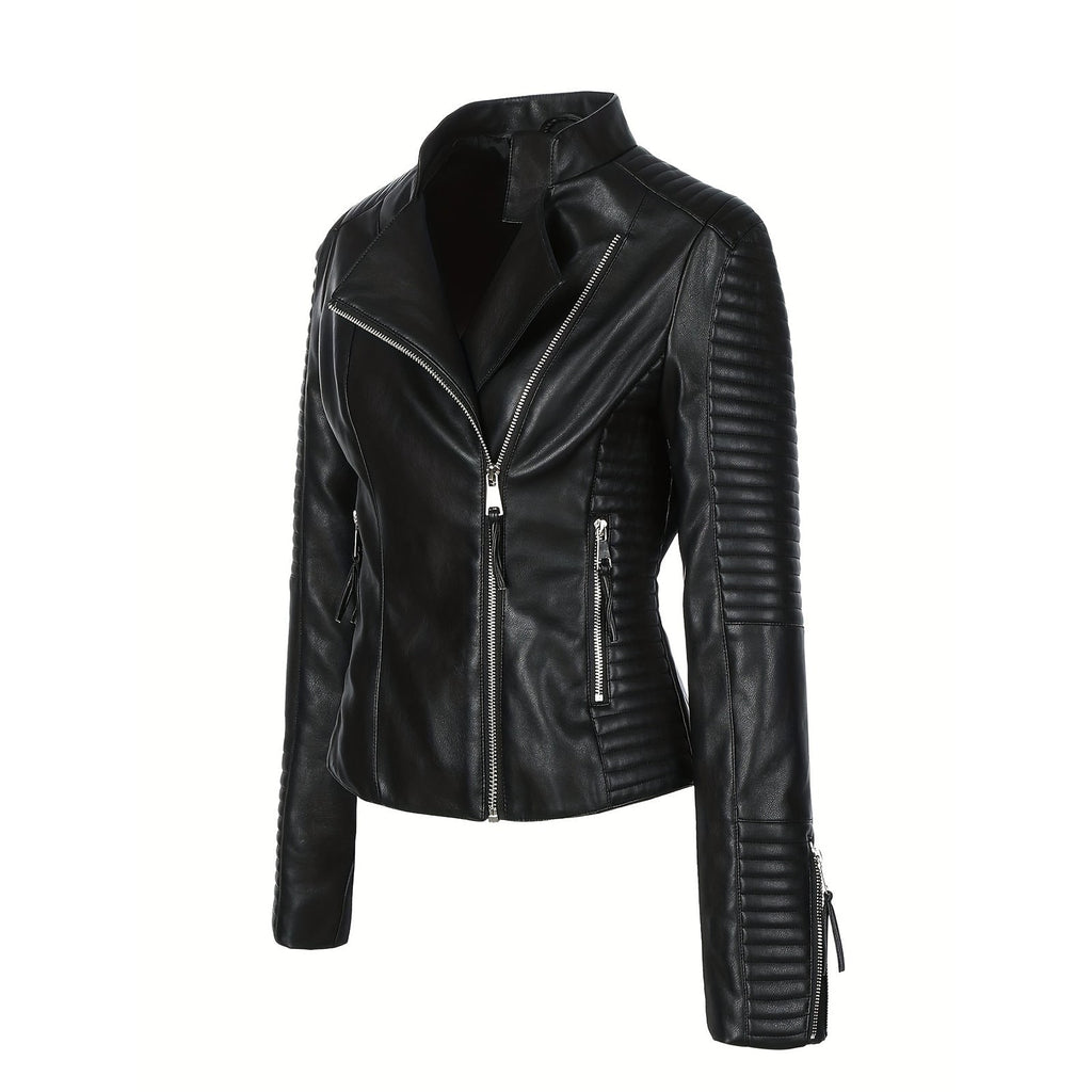 Women's Moto Biker Jacket Faux Leather with Quilted Shoulders and Asymmetrical Zip - Image 3