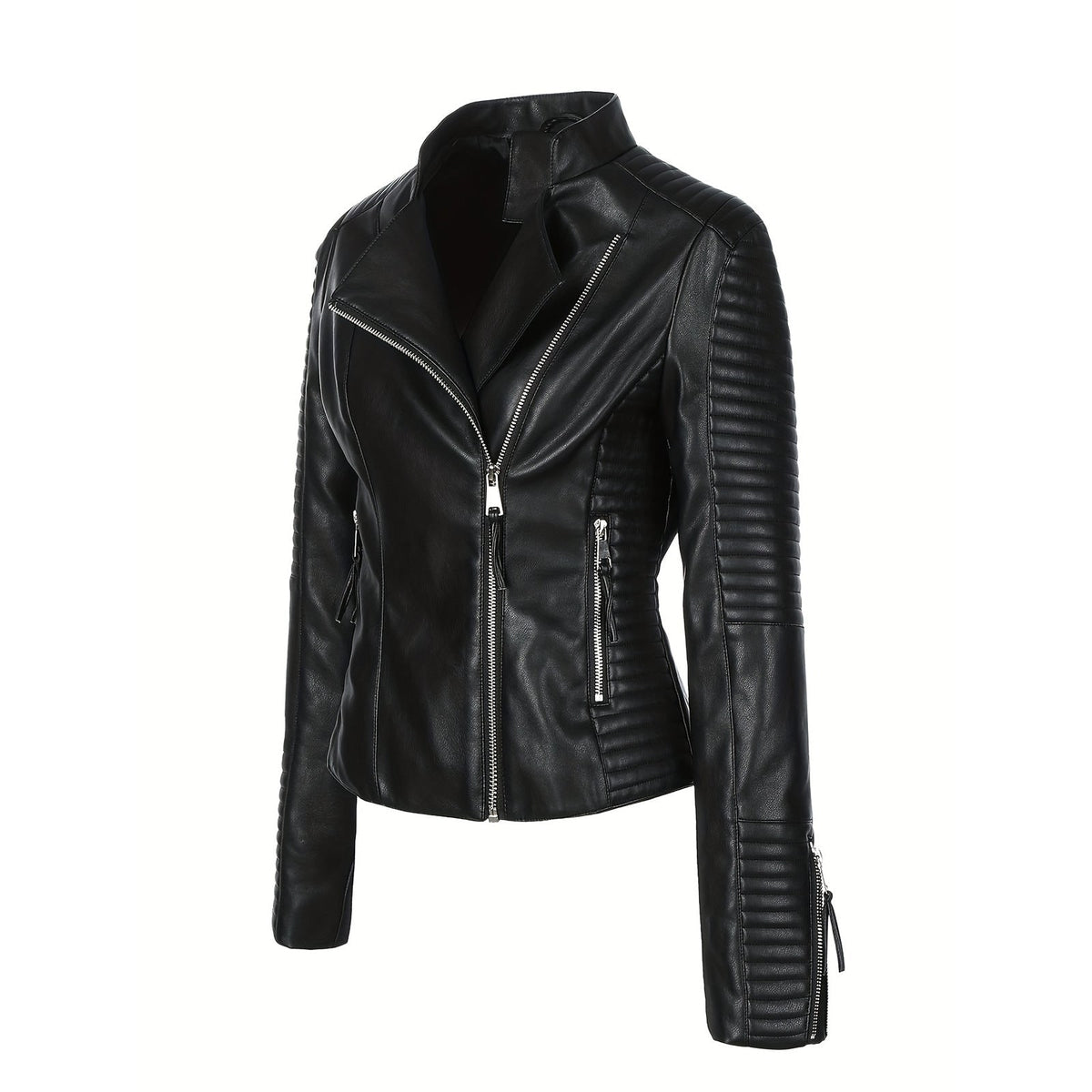 Women's Moto Biker Jacket Faux Leather with Quilted Shoulders and Asymmetrical Zip - Image 3