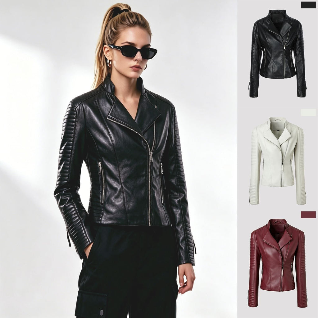 Women's Moto Biker Jacket Faux Leather with Quilted Shoulders and Asymmetrical Zip - Image 4