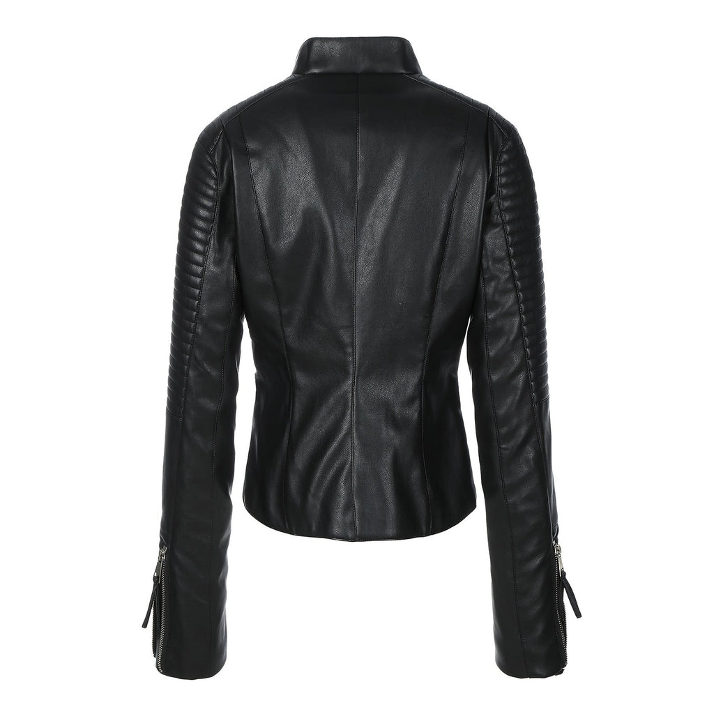 Women's Moto Biker Jacket Faux Leather with Quilted Shoulders and Asymmetrical Zip - Image 5
