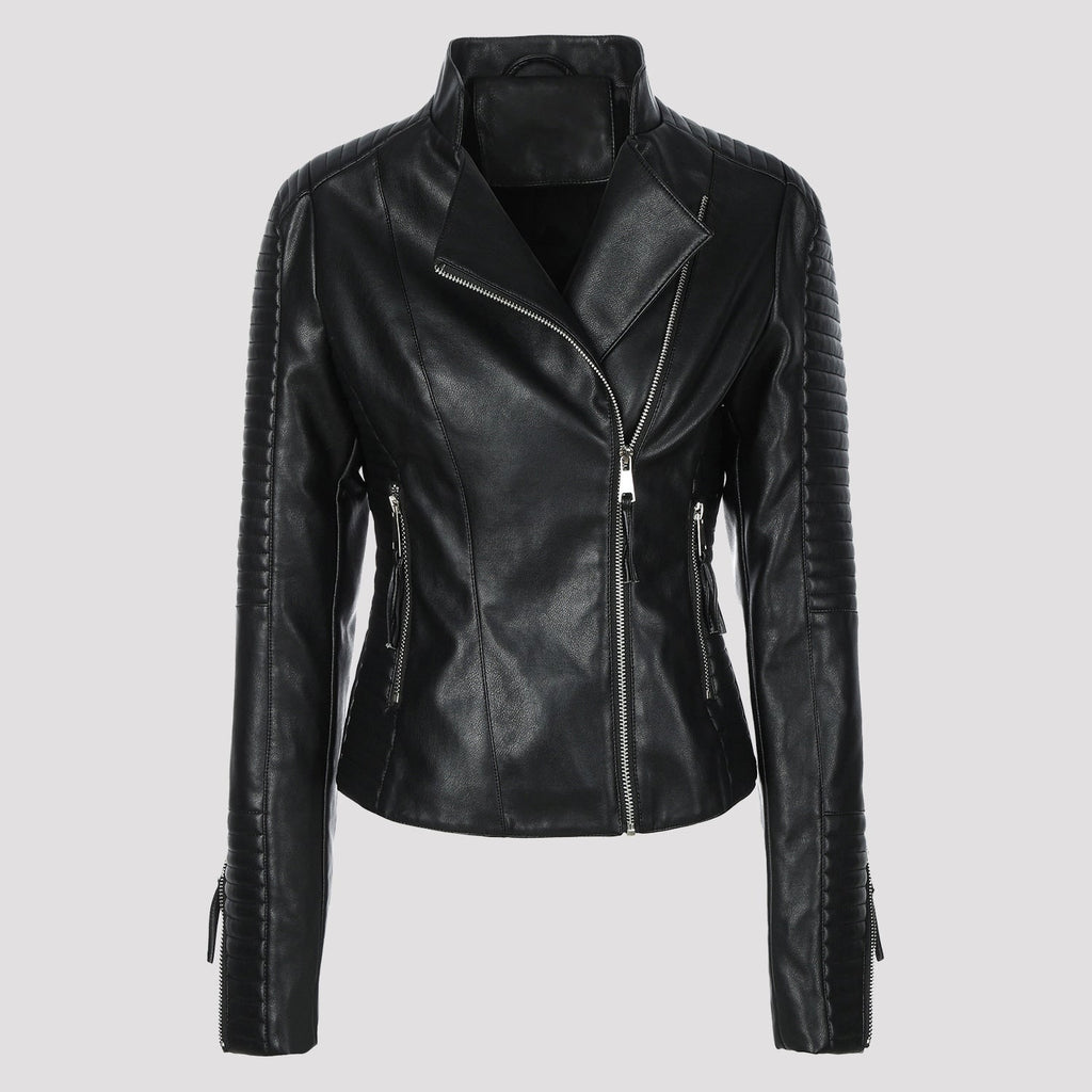 Women's Moto Biker Jacket Faux Leather with Quilted Shoulders and Asymmetrical Zip - Image 6