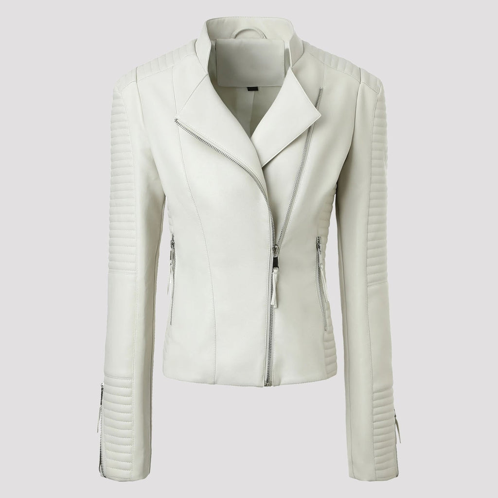 Women's Moto Biker Jacket Faux Leather with Quilted Shoulders and Asymmetrical Zip - Image 7