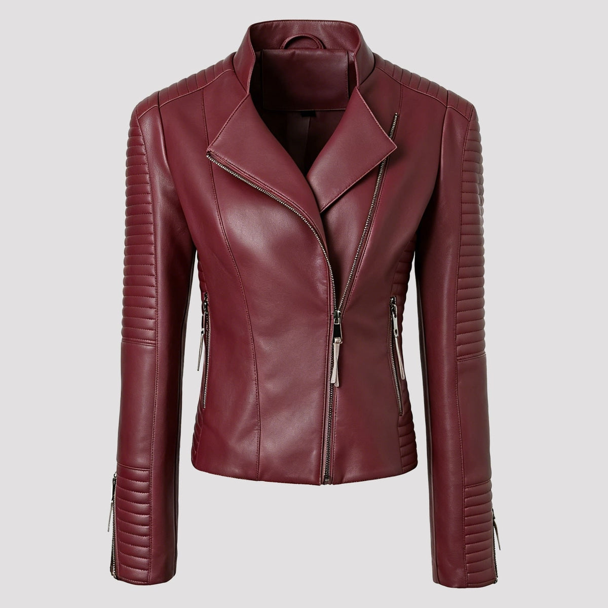 Women's Moto Biker Jacket Faux Leather with Quilted Shoulders and Asymmetrical Zip - Image 8
