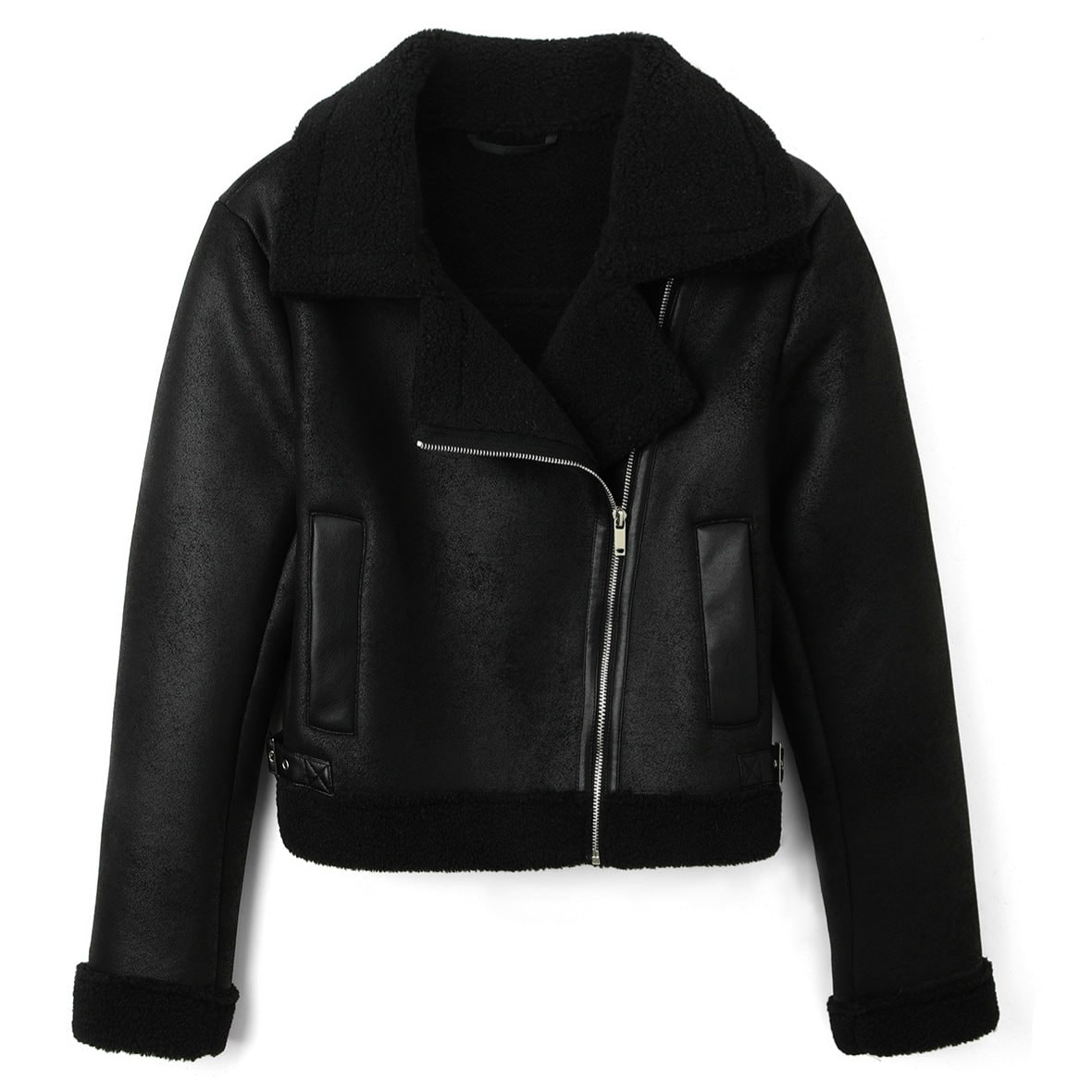 Women's Motorcycle Biker Aviator Jacket with Sherpa Lining and Asymmetrical Zip - Image 1