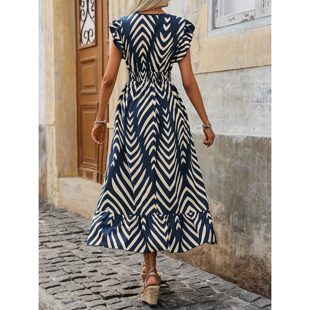 Women's Navy Geometric Print Maxi Dress V-Neck Flutter Sleeve | Smocked Waist - Image 2