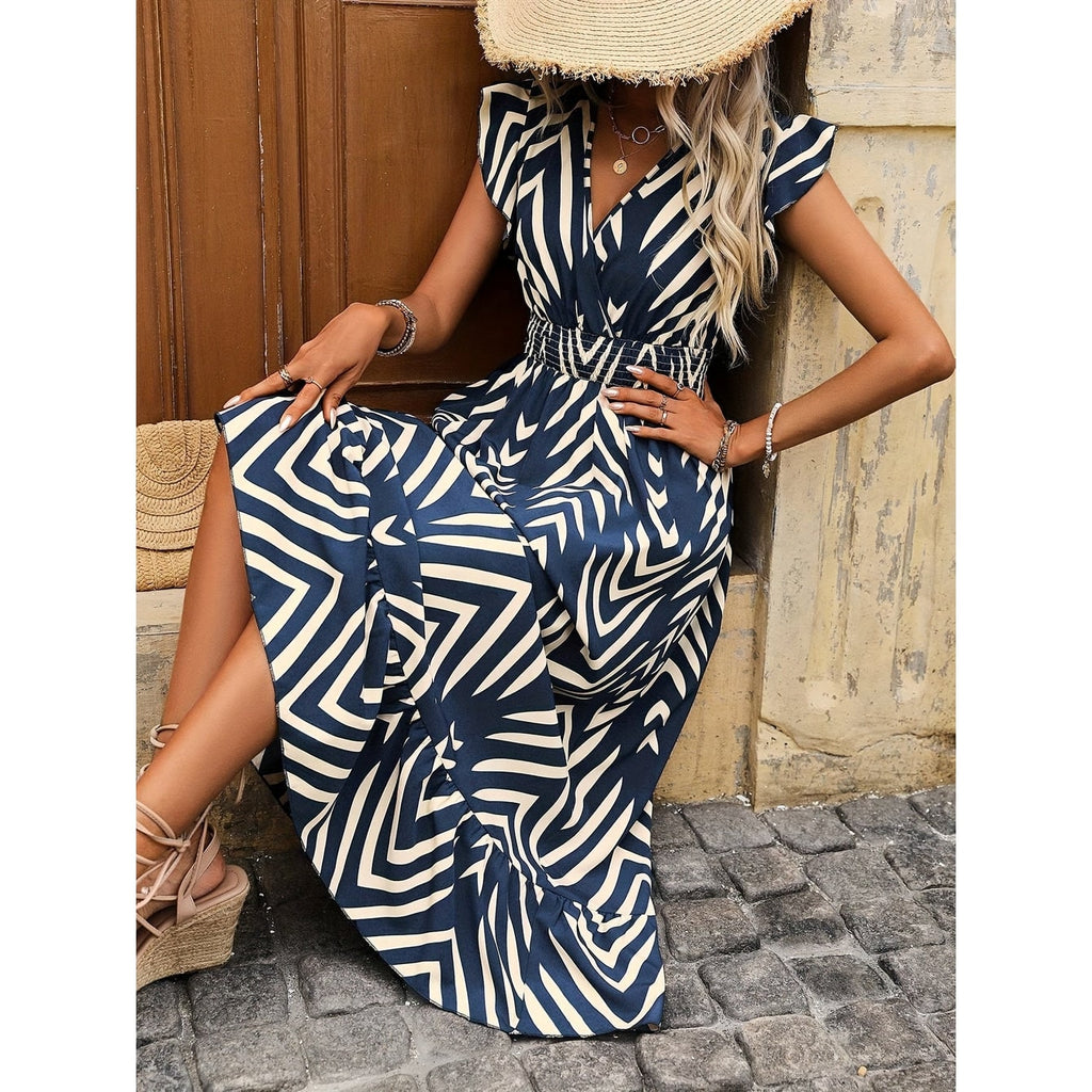 Women's Navy Geometric Print Maxi Dress V-Neck Flutter Sleeve | Smocked Waist - Image 5
