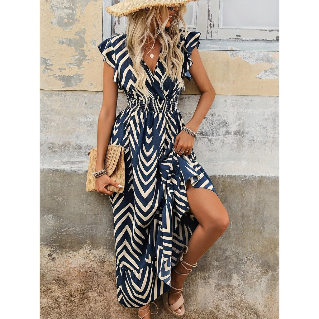 Women's Navy Geometric Print Maxi Dress V-Neck Flutter Sleeve | Smocked Waist - Image 6