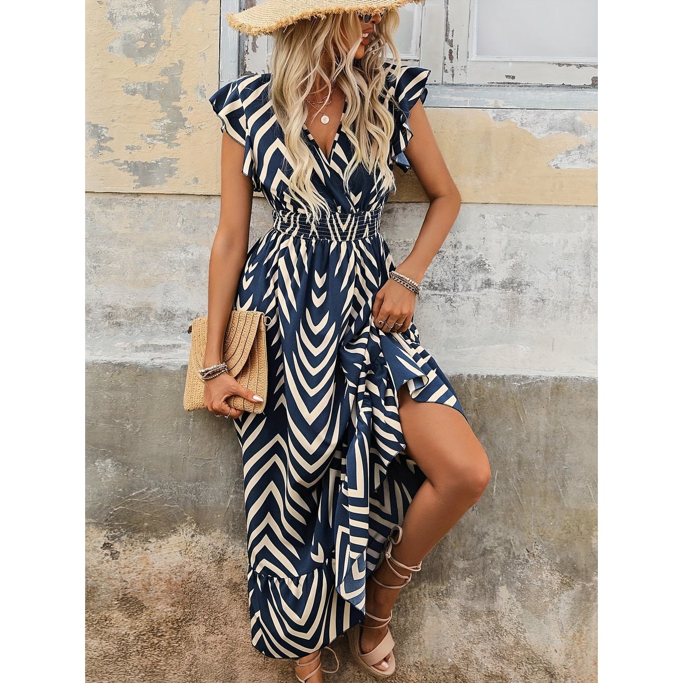 Women's Navy Geometric Print Maxi Dress V-Neck Flutter Sleeve | Smocked Waist - Image 6