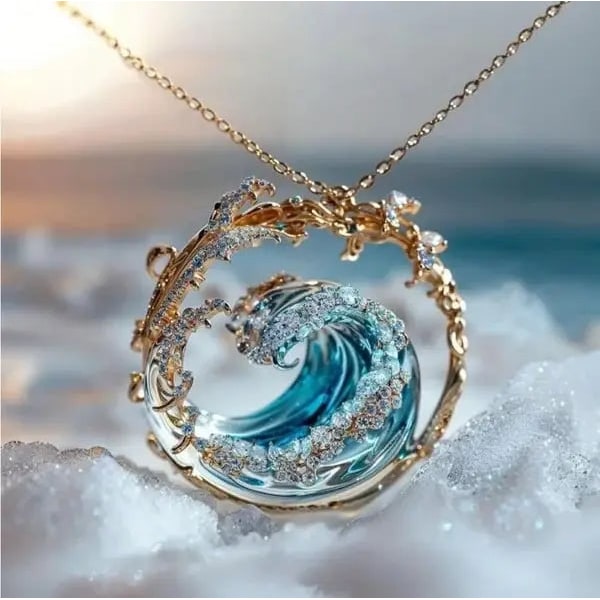 Women's Ocean Wave Pendant Necklace Crystal Accent Collarbone - Image 1