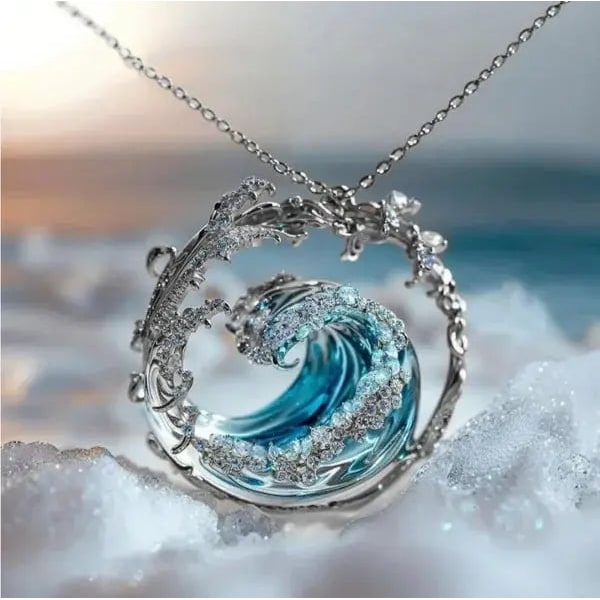 Women's Ocean Wave Pendant Necklace Crystal Accent Collarbone - Image 3
