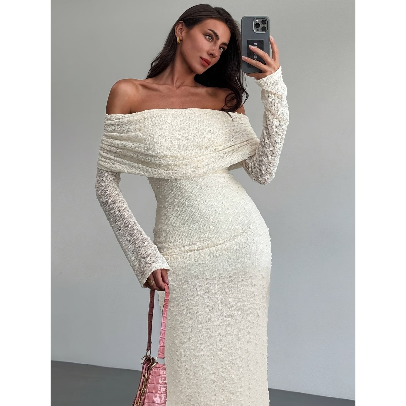Women's Off Shoulder Maxi Dress Textured Knit Long Sleeve | Draped Neckline - Image 1